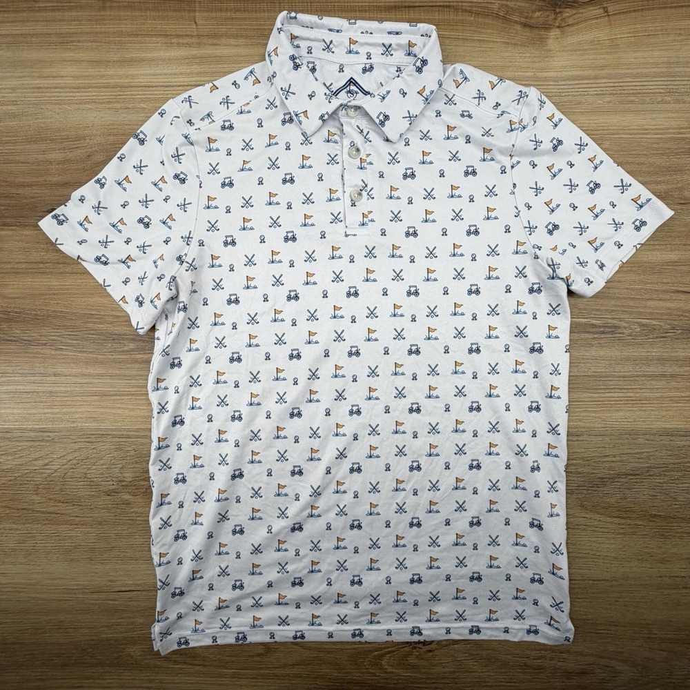 Burlebo Polo Shirt Mens Small White Golf Cart Allover Print Performance Stretch